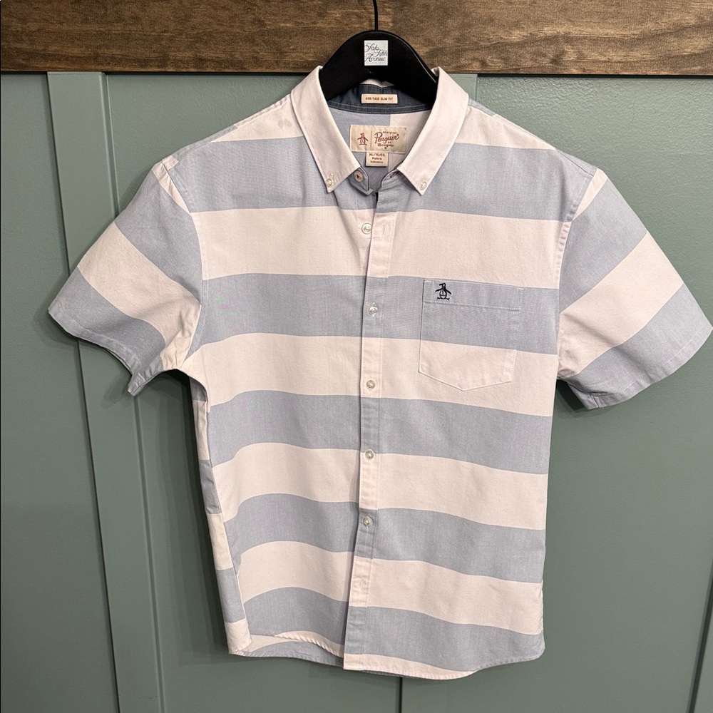 Original Penguin Men's Shirt in Light Blue and White Stripes